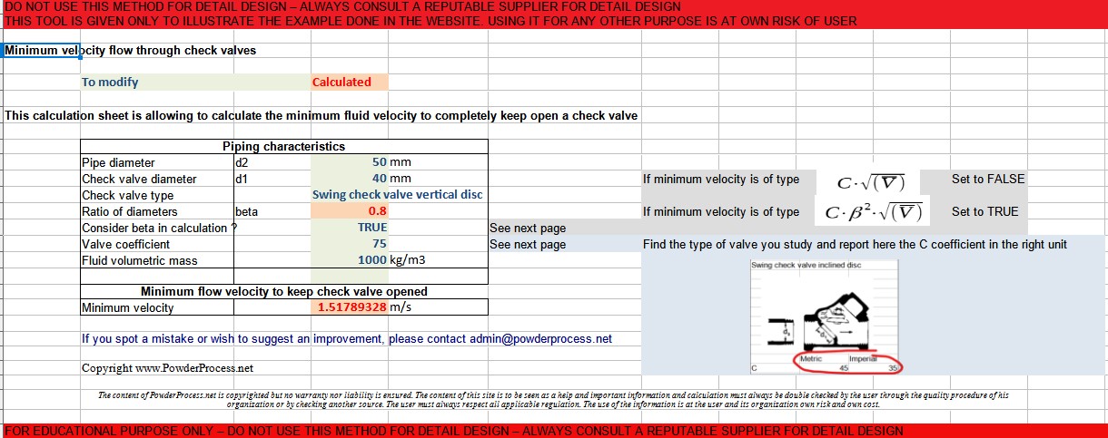 Check valve minimum fluid velocity Excel calculator
